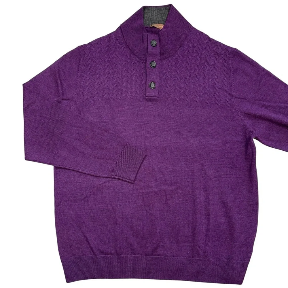 New Per me Uomo Purple Extra Fine Merino Wool 1/4 Buttons Sweater Size XL